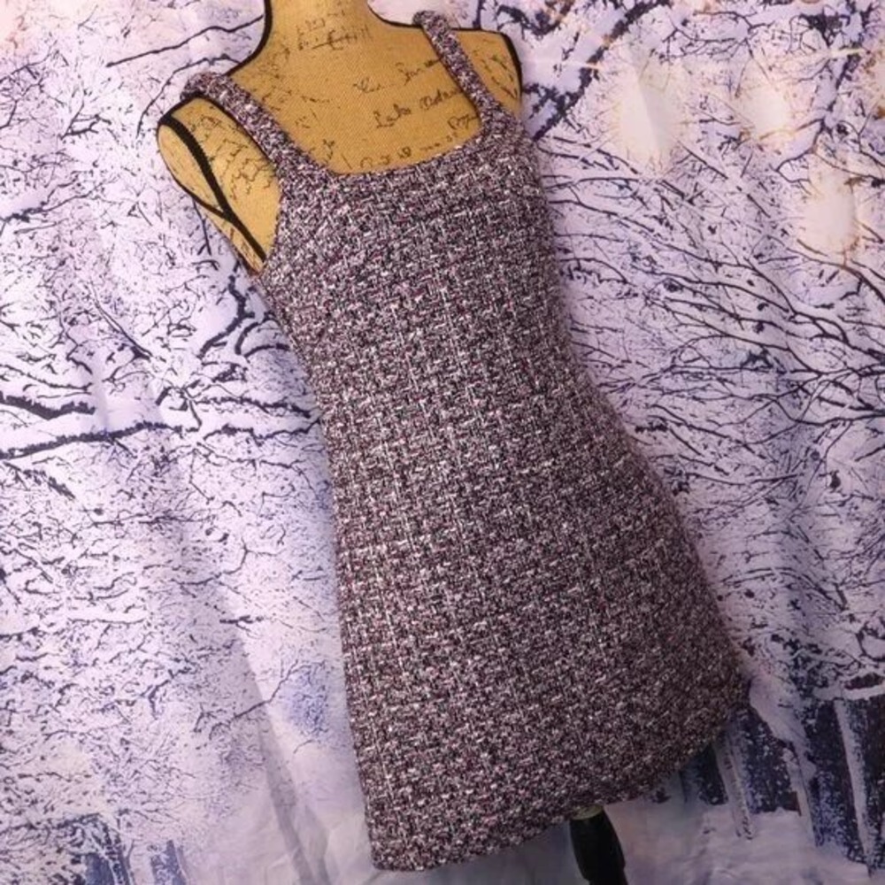 TWEED CHECK MINI DRESS L Zara NWT Pink Metallic Boucle Sweater Fall Pastel Y2K